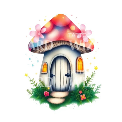 Fairy Mushroom Cottage Tattoo Design