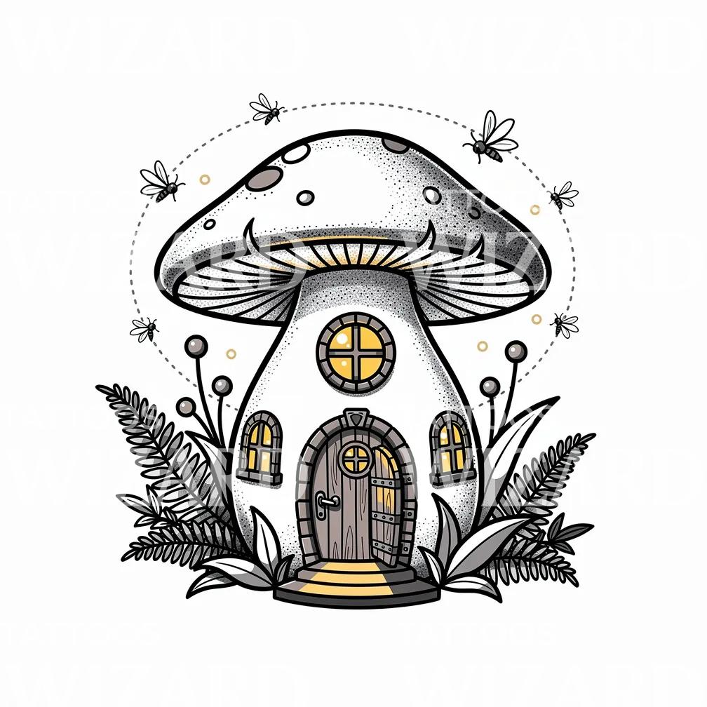 Fairy Mushroom Cottage with Lanterns Tattoo Design