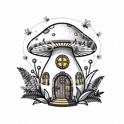 Fairy Mushroom Cottage with Lanterns Tattoo Design