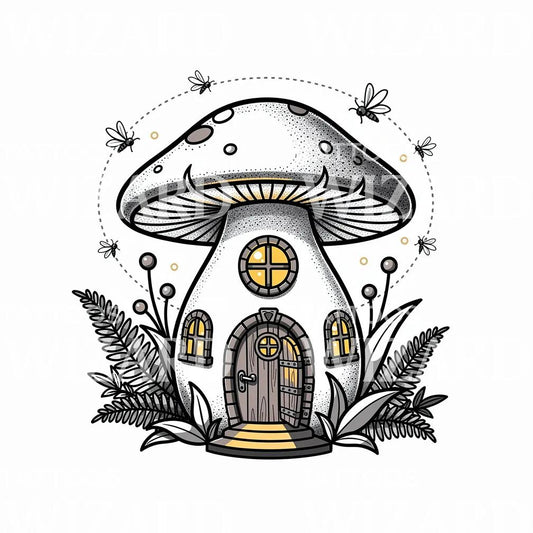 Fairy Mushroom Cottage with Lanterns Tattoo Design
