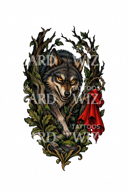 Märchenwolf im dunklen Wald, Tattoo-Design