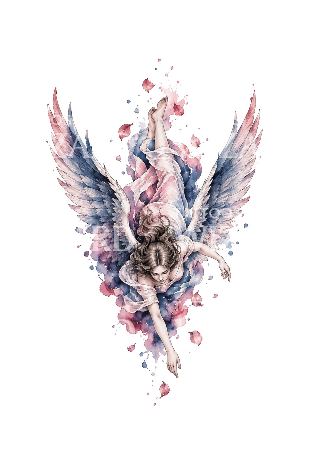 Akvarelillustration af faldende engel med rose og indigo