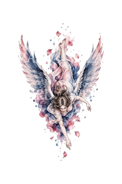 Akvarelillustration af faldende engel med rose og indigo