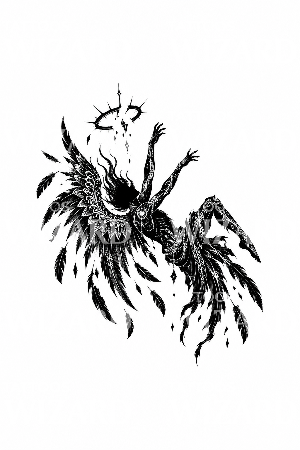Diseño de tatuaje blackwork de ángel cayendo con alas desgarradas