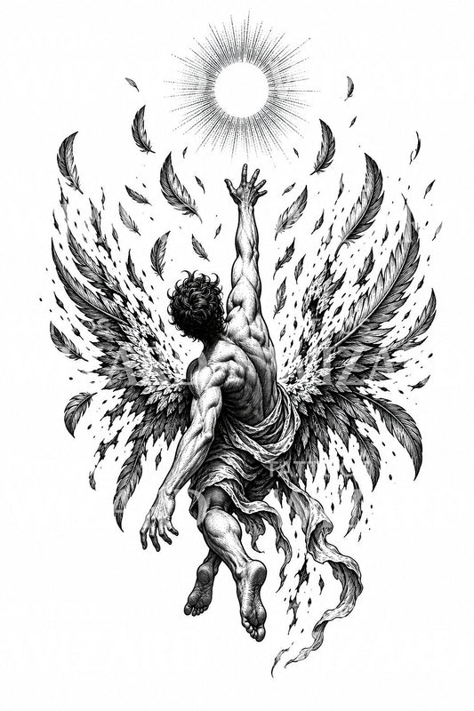 Design de tatuagem de Ícaro em queda com asas