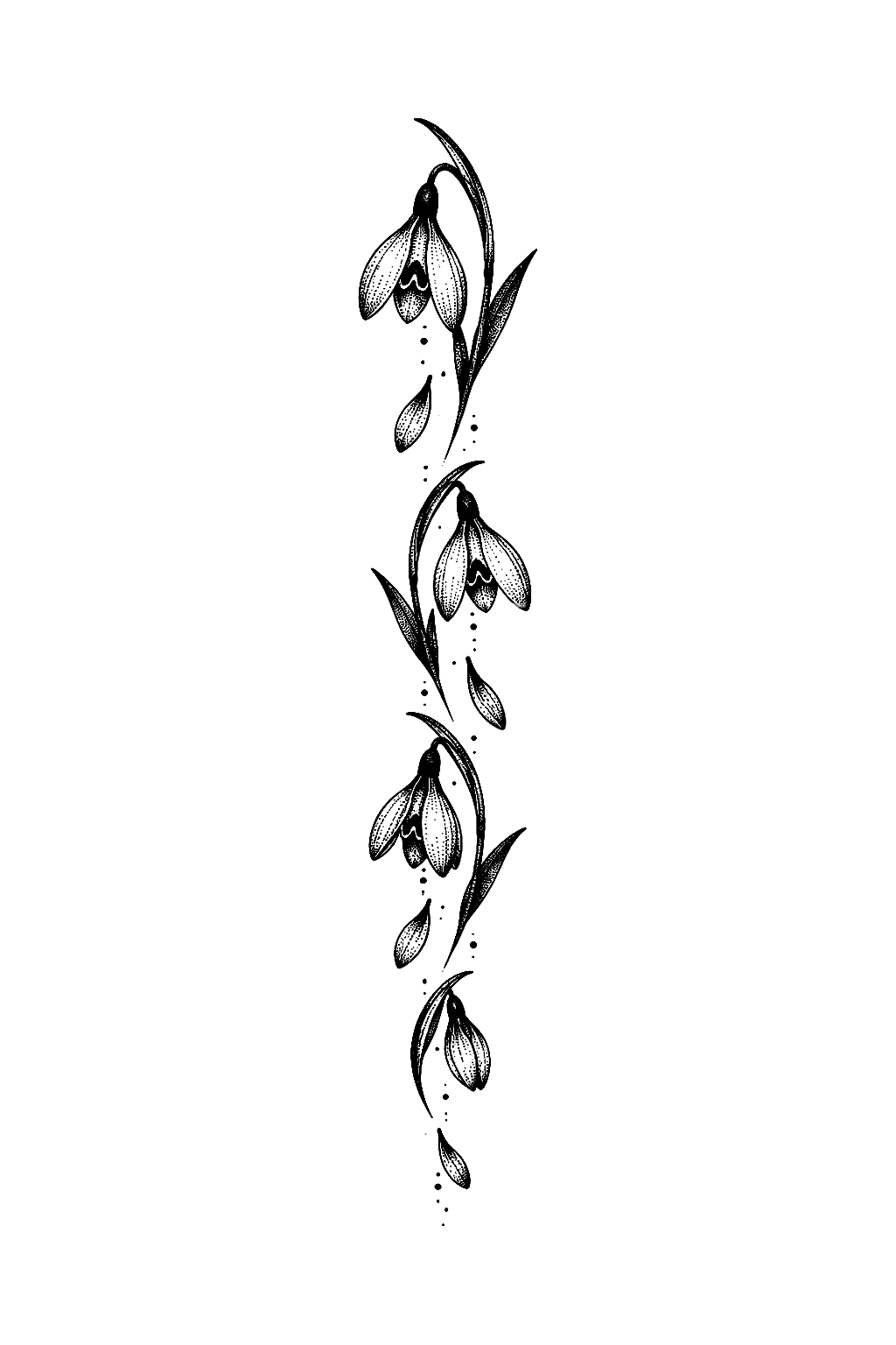 Hulló hóvirágok függőleges dotwork tetoválása