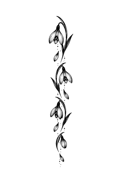 Hulló hóvirágok függőleges dotwork tetoválása