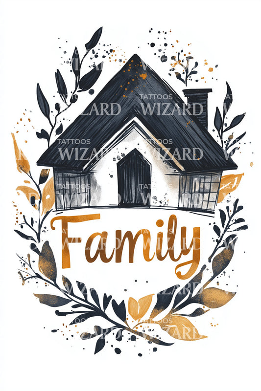 Family House Wreath Tattoo Illustration