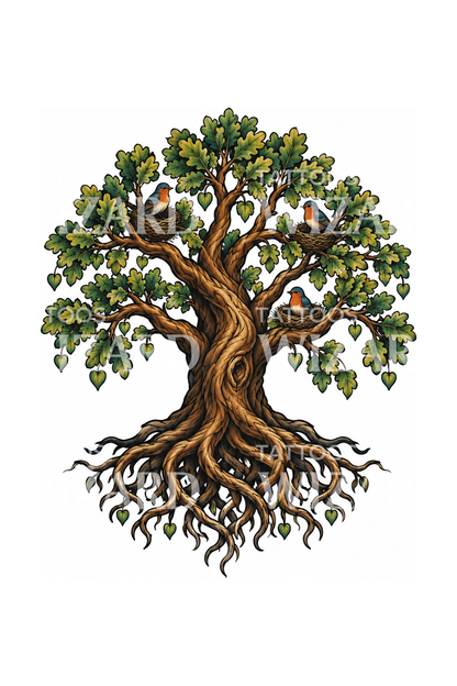 Diseño de tatuaje de árbol genealógico con tres nidos