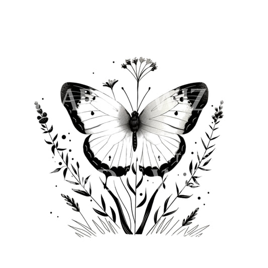 Minimalistisches Schmetterlings- und Pflanzen-Tattoo-Design