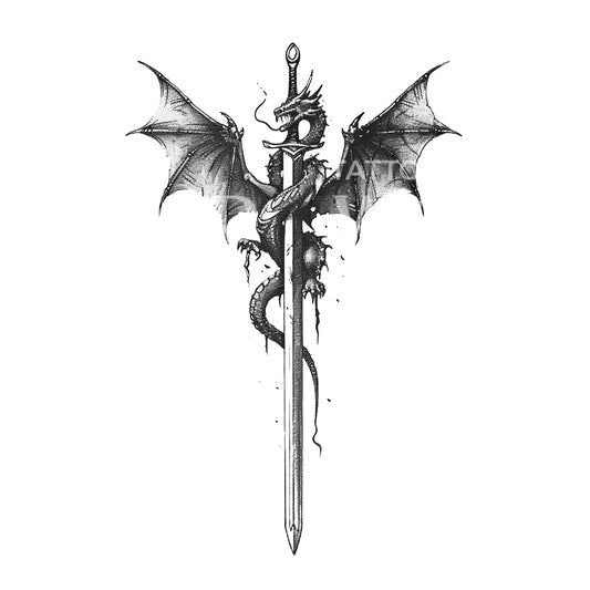Dragon intrépide sur une conception de tatouage d'épée