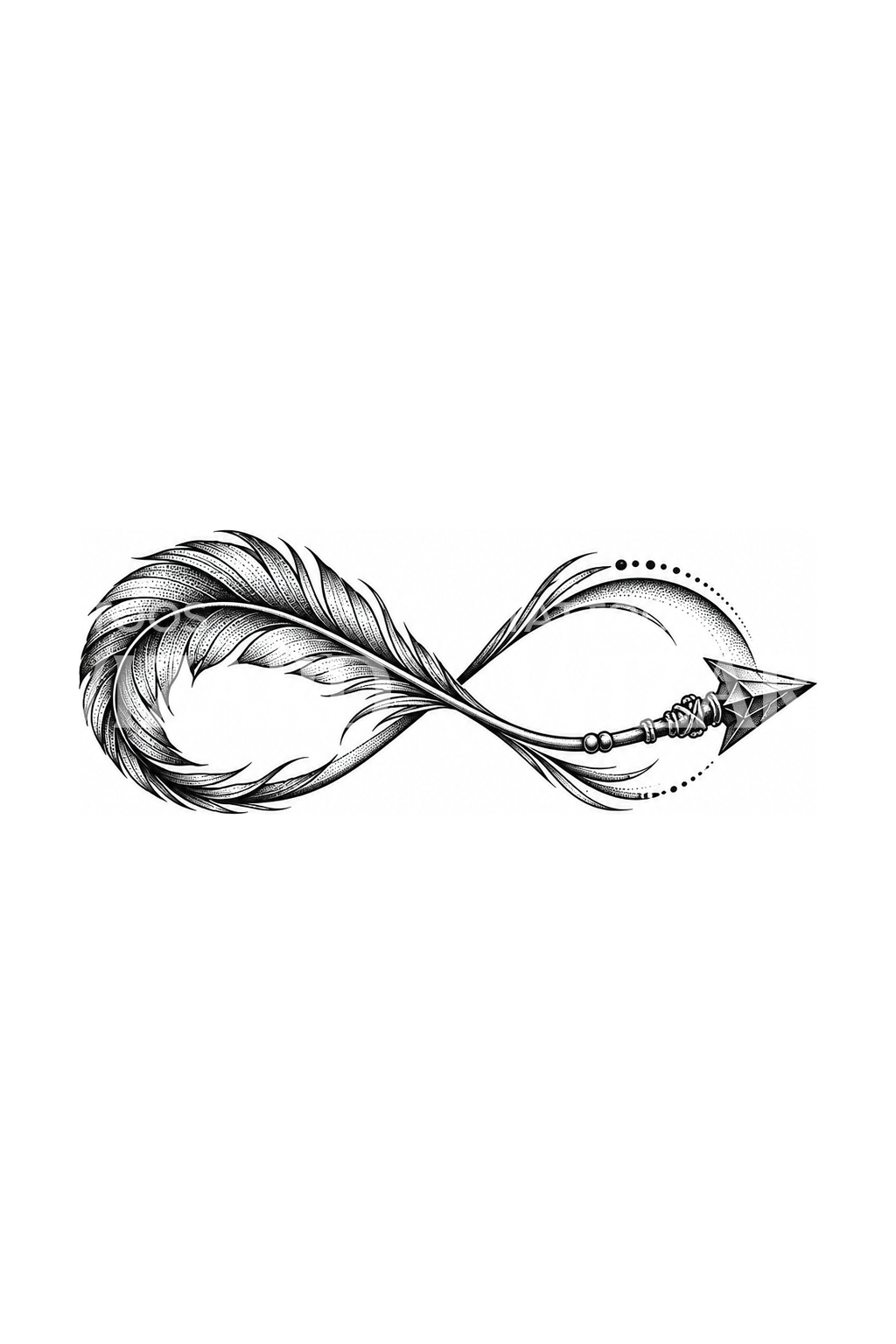 Idea de tatuaje dotwork de pluma y flecha en bucle infinito