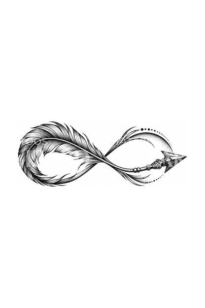 Idea de tatuaje dotwork de pluma y flecha en bucle infinito