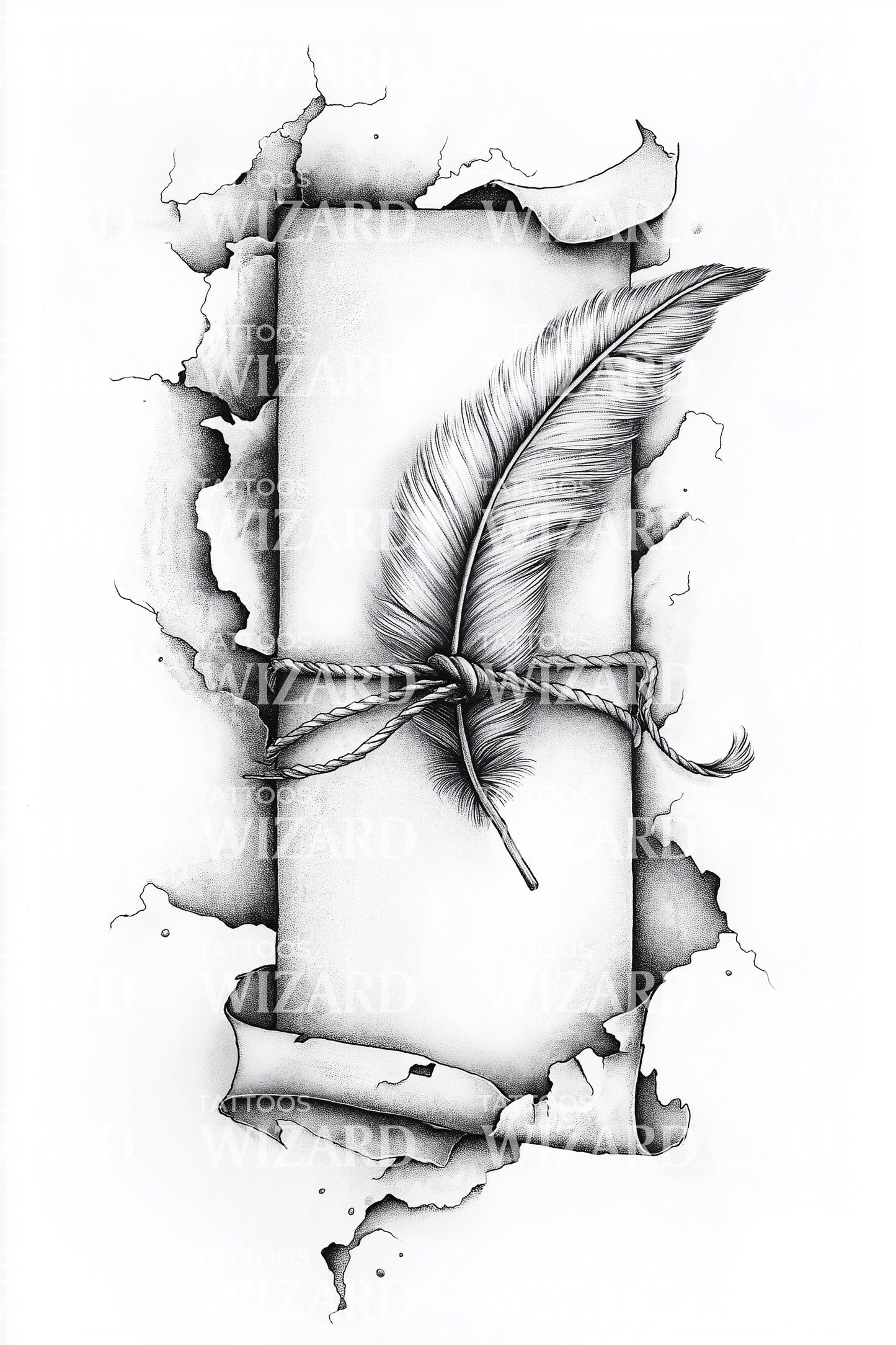 Feather Burned Paper Frame Tattoo Design