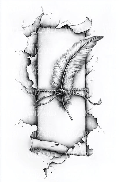 Feather Burned Paper Frame Tattoo Design
