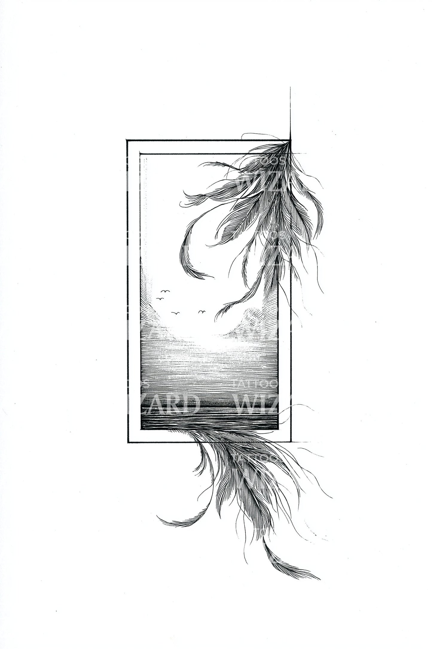 Feather Over Ocean Window Tattoo Design