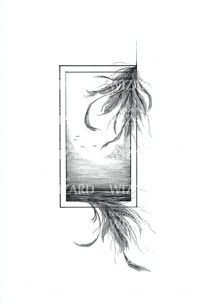 Feather Over Ocean Window Tattoo Design