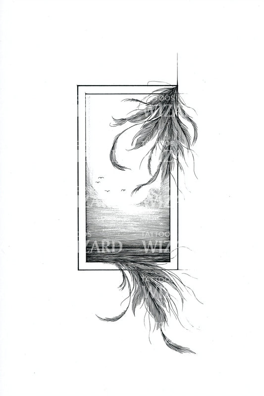 Feather Over Ocean Window Tattoo Design