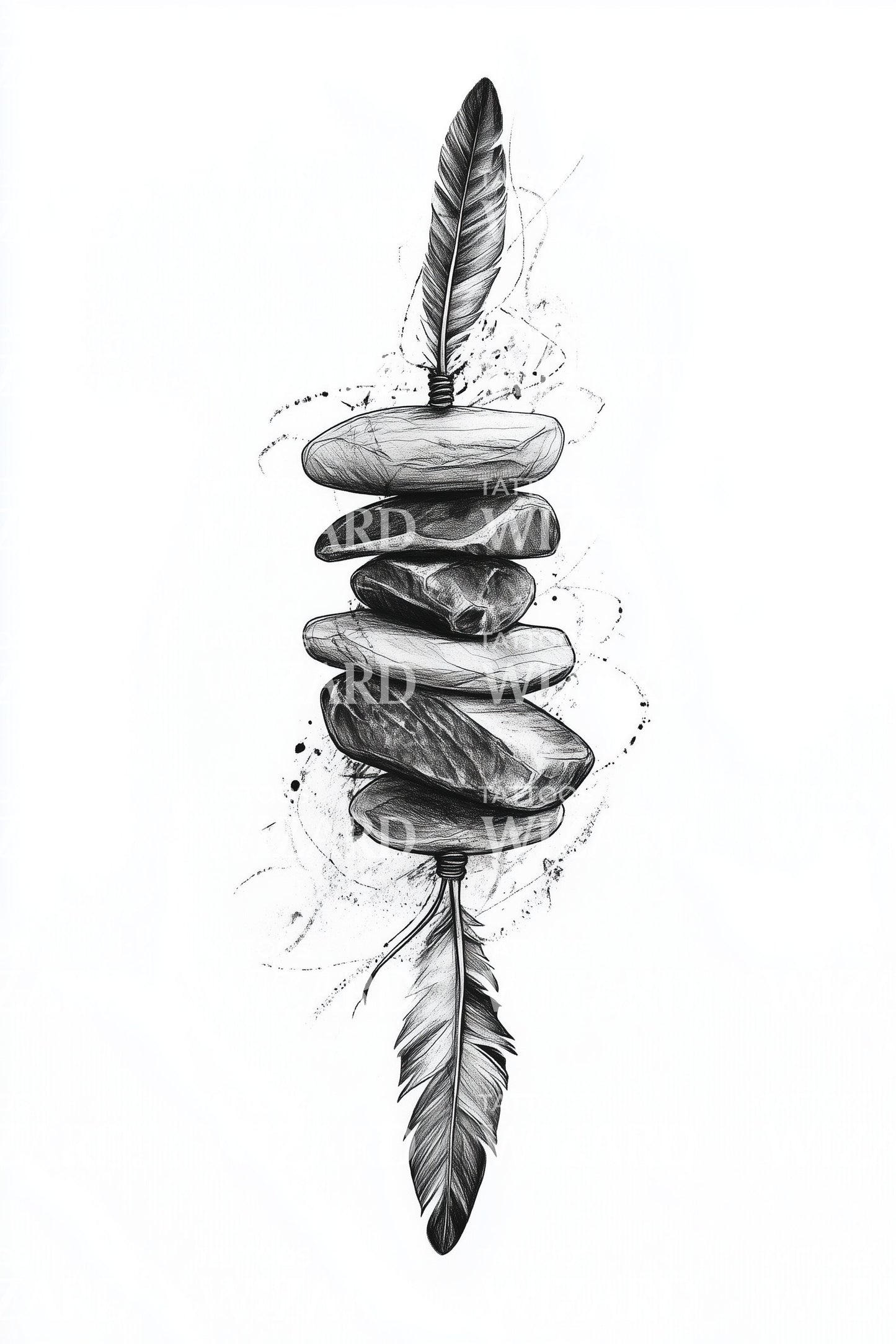 Feather with Balanced Stones Tattoo Idea