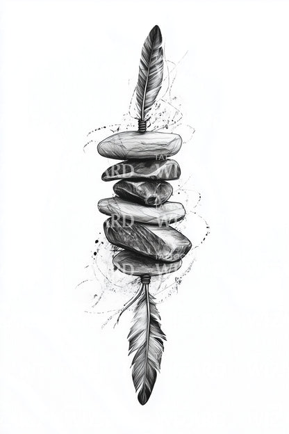 Feather with Balanced Stones Tattoo Idea