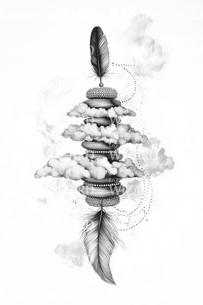 Feather with Stacked Stones Tattoo Design