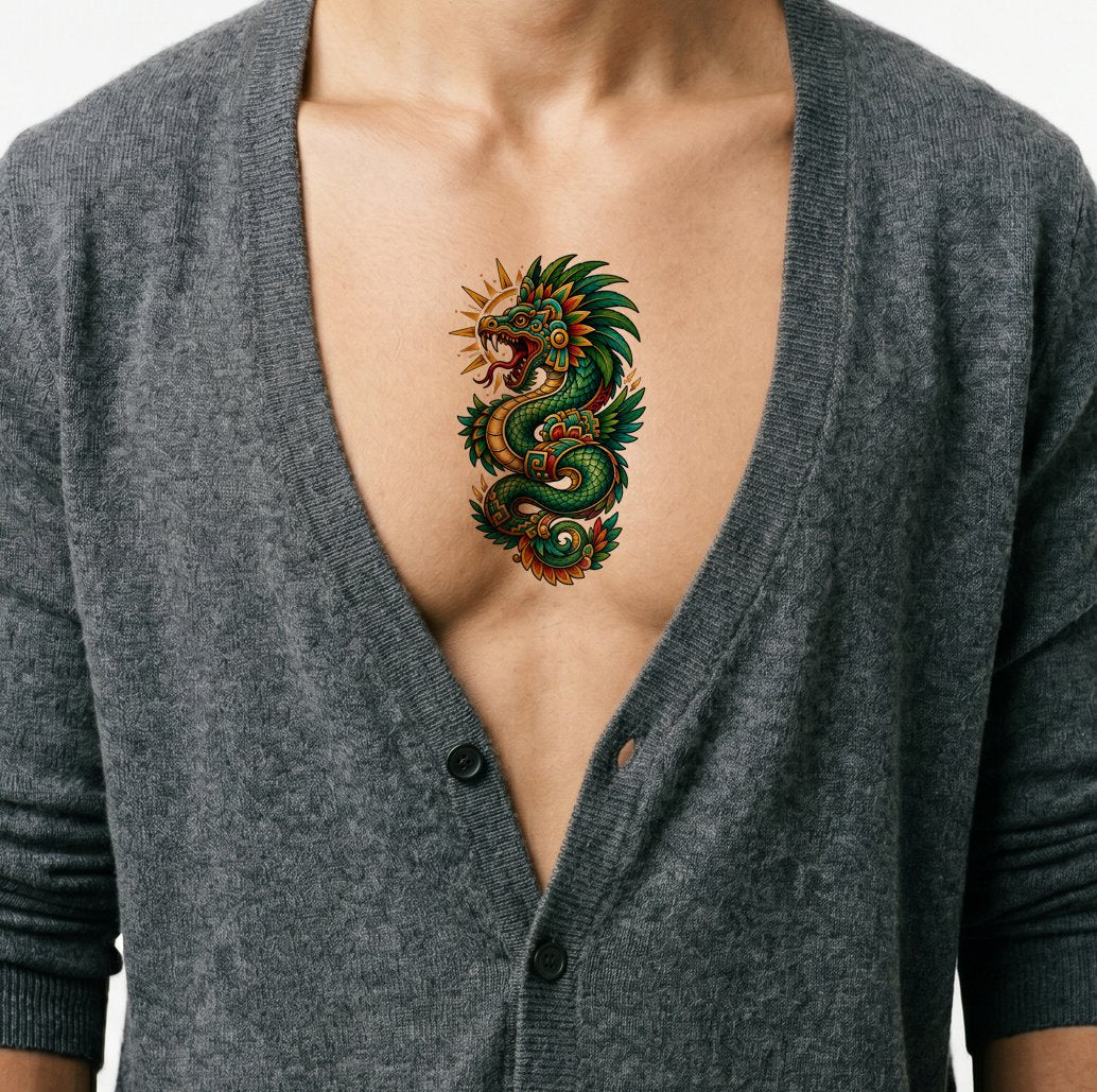 Neo Traditional Feathered Serpent Tattoo Design