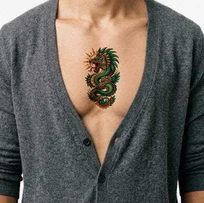 Neo Traditional Feathered Serpent Tattoo Design