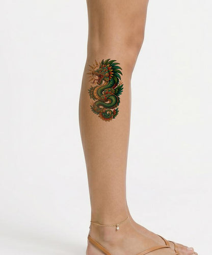 Neo Traditional Feathered Serpent Tattoo Design