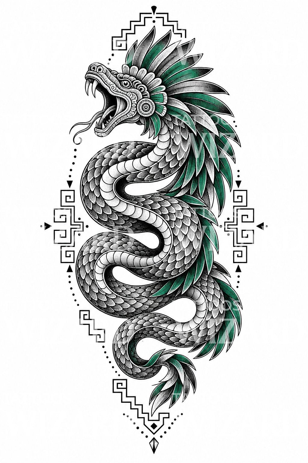 Feathered Serpent Blackwork Tattoo Design