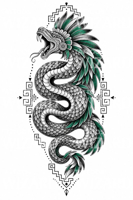 Feathered Serpent Blackwork Tattoo Design