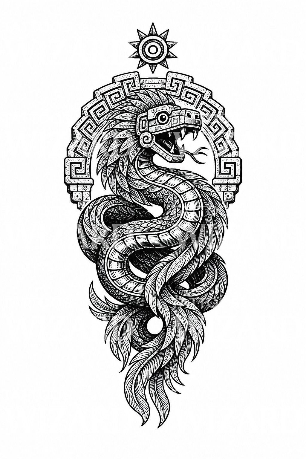 Feathered Serpent Temple Relief Tattoo Design