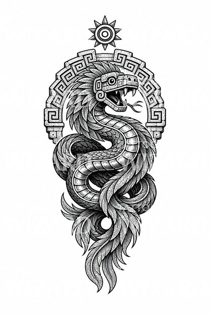 Feathered Serpent Temple Relief Tattoo Design