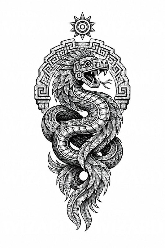 Feathered Serpent Temple Relief Tattoo Design