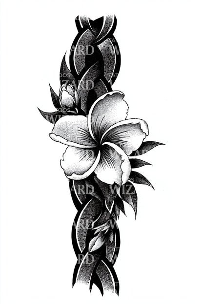 羽のようなプルメリアの花のタトゥーデザイン
