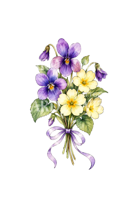Aquareltattoo met februari-viooltjes en sleutelbloemen in een boeket
