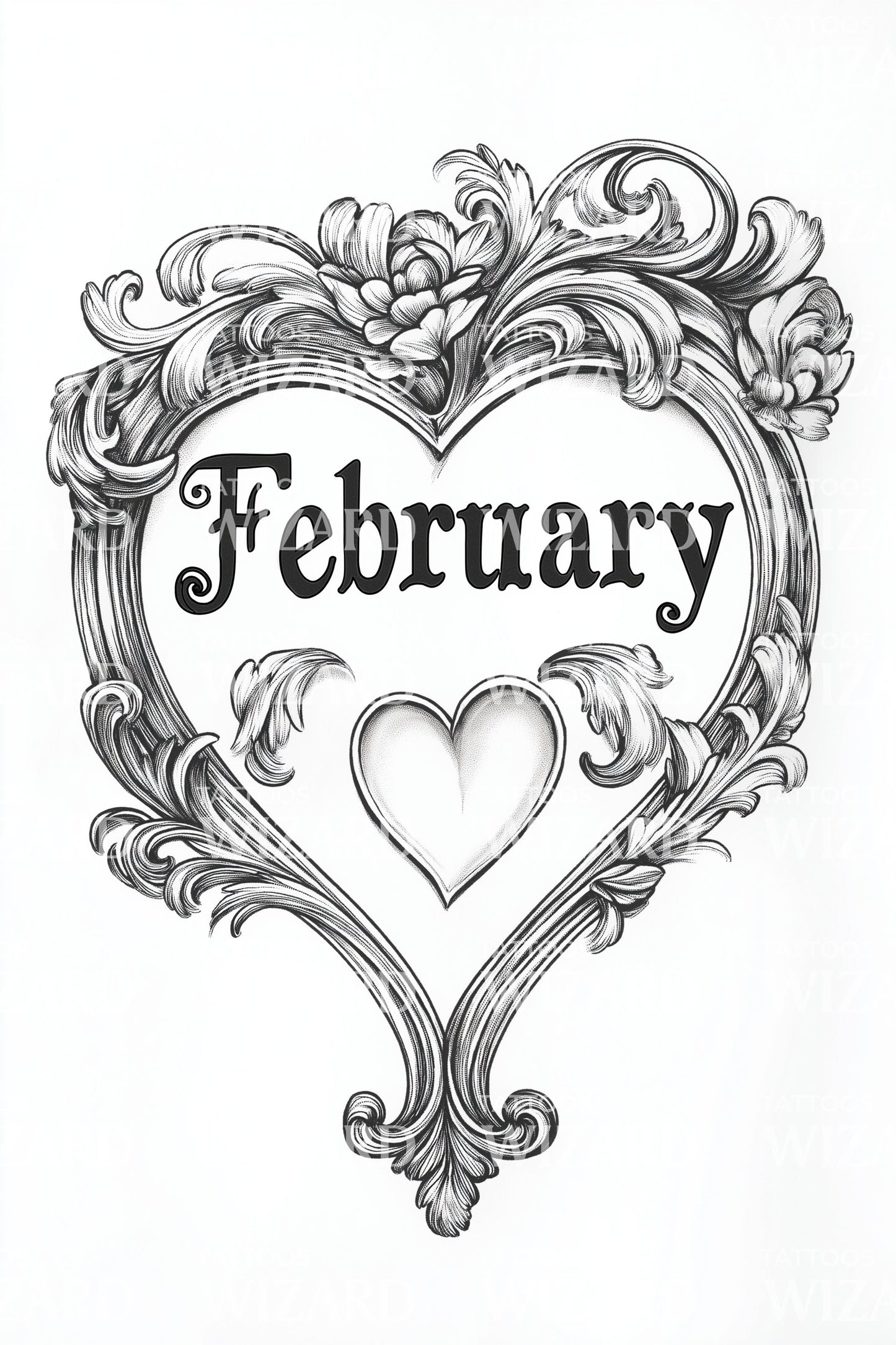 February Ornate Heart Frame Tattoo Design