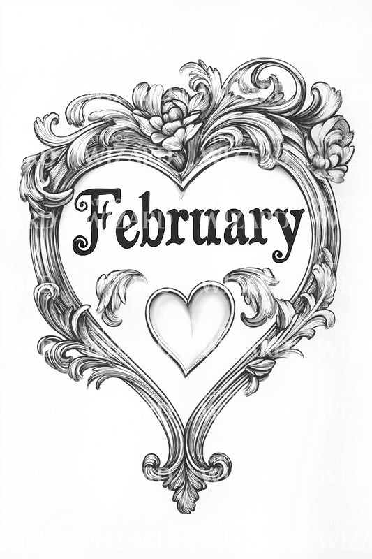 February Ornate Heart Frame Tattoo Design