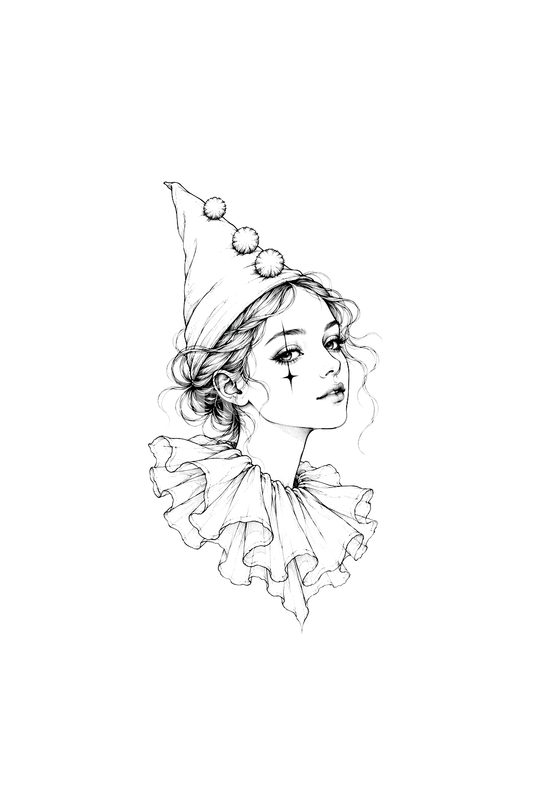 Female Pierrette Clown with Ruffled Collar Tattoo