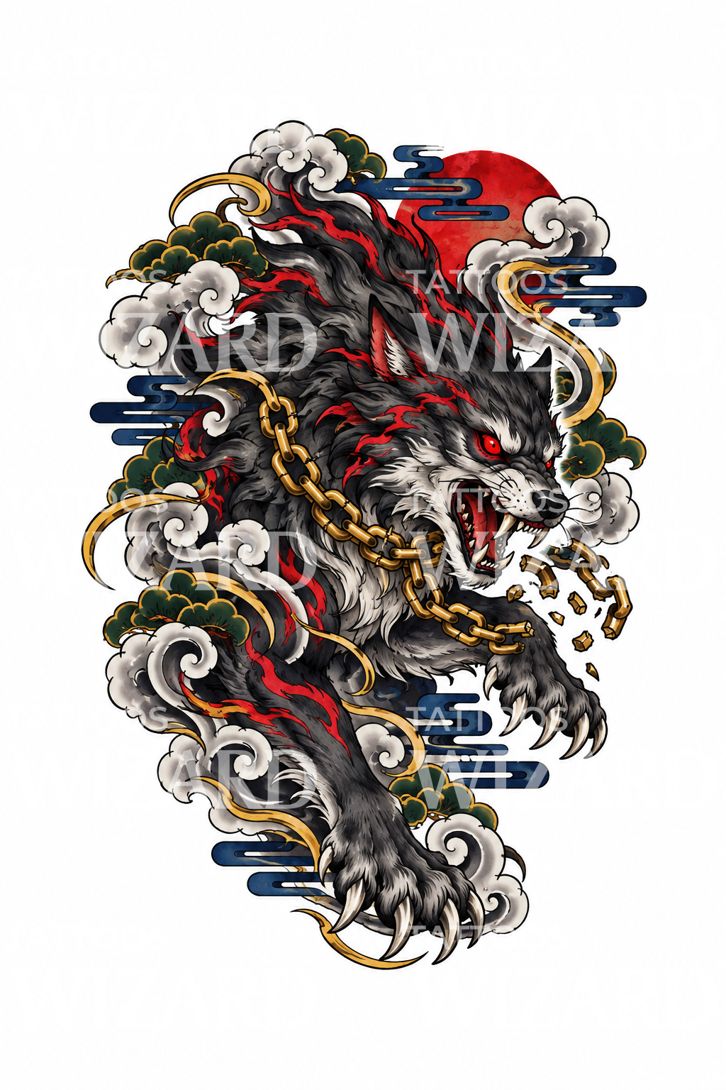 Japonský tetovací design Fenrir lámající své řetězy