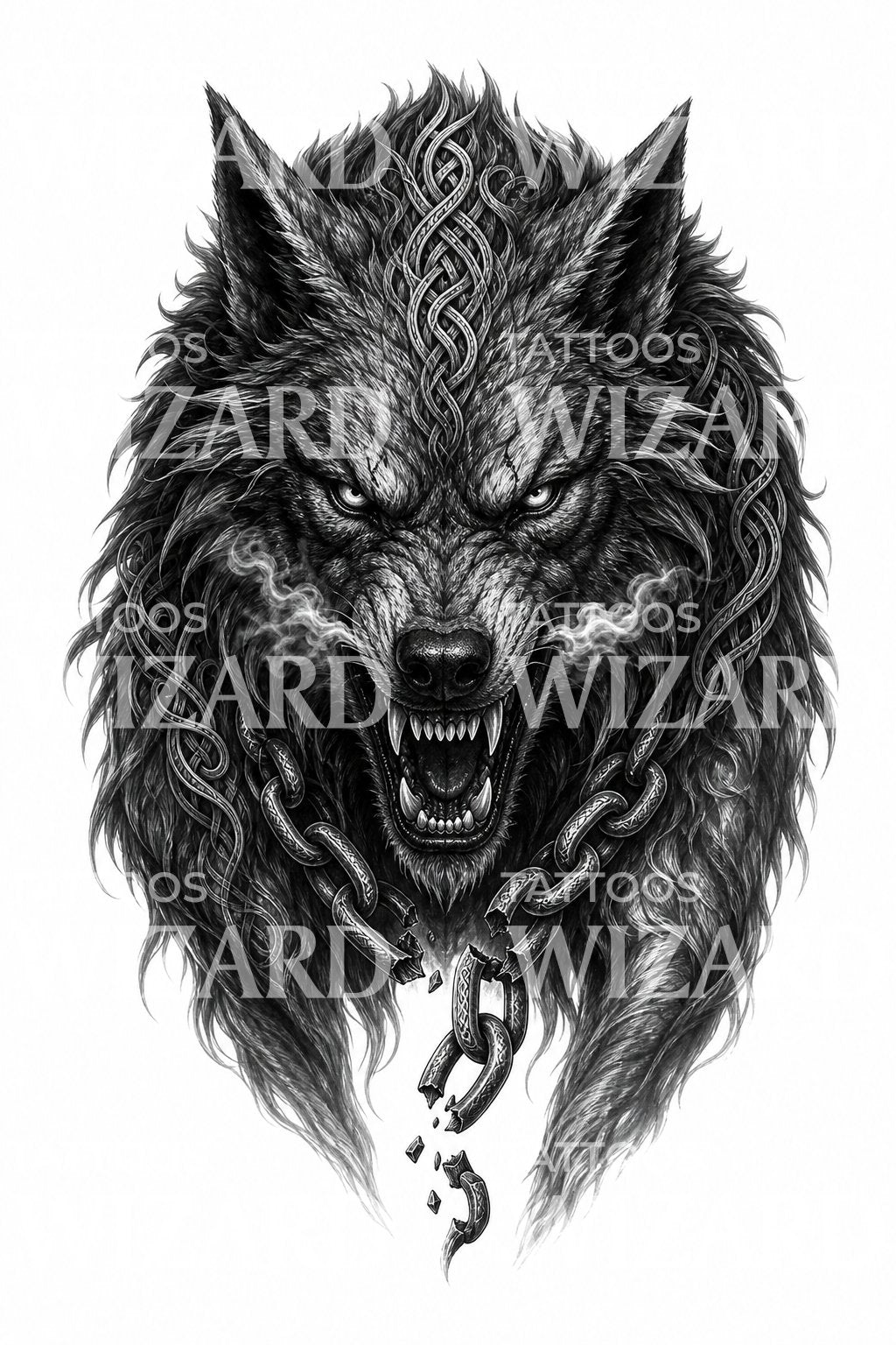 Fenrir Wolf Broken Chain Tattoo Design