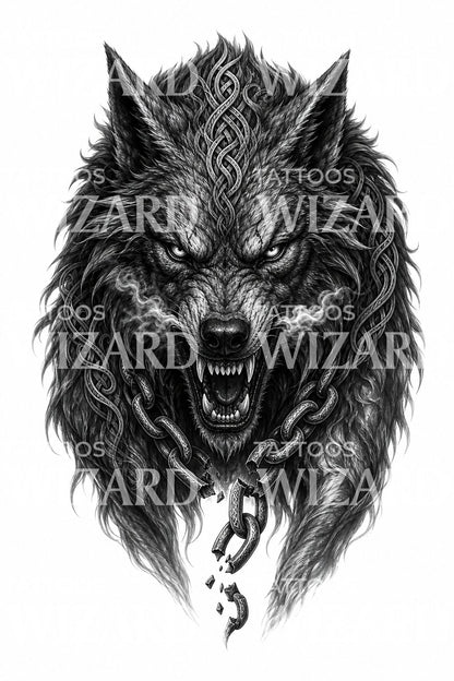Fenrir Wolf Broken Chain Tattoo Design