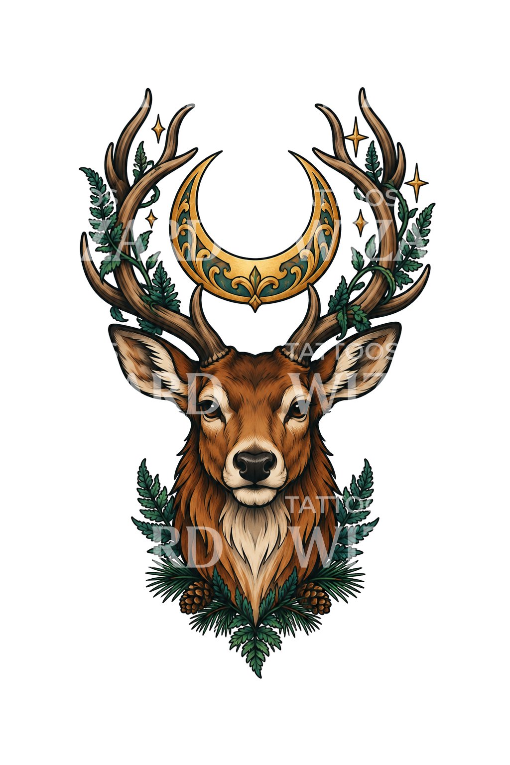Fern and Crescent Forest Stag Tattoo Design