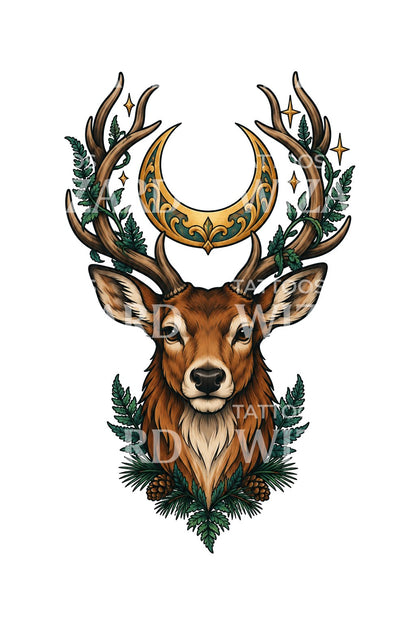 Fern and Crescent Forest Stag Tattoo Design