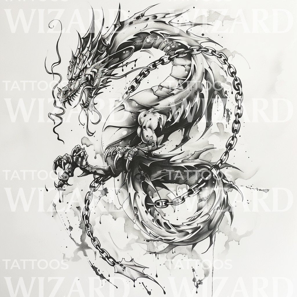 Ferocious Black Dragon in Chains Tattoo Illustration