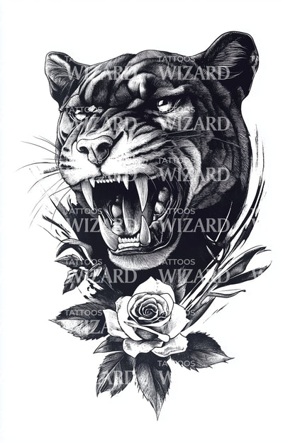 Diseño de tatuaje de rosas de tigre feroz