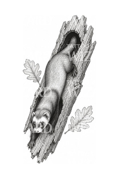 Motif de tatouage d’un furet dans un tronc creux
