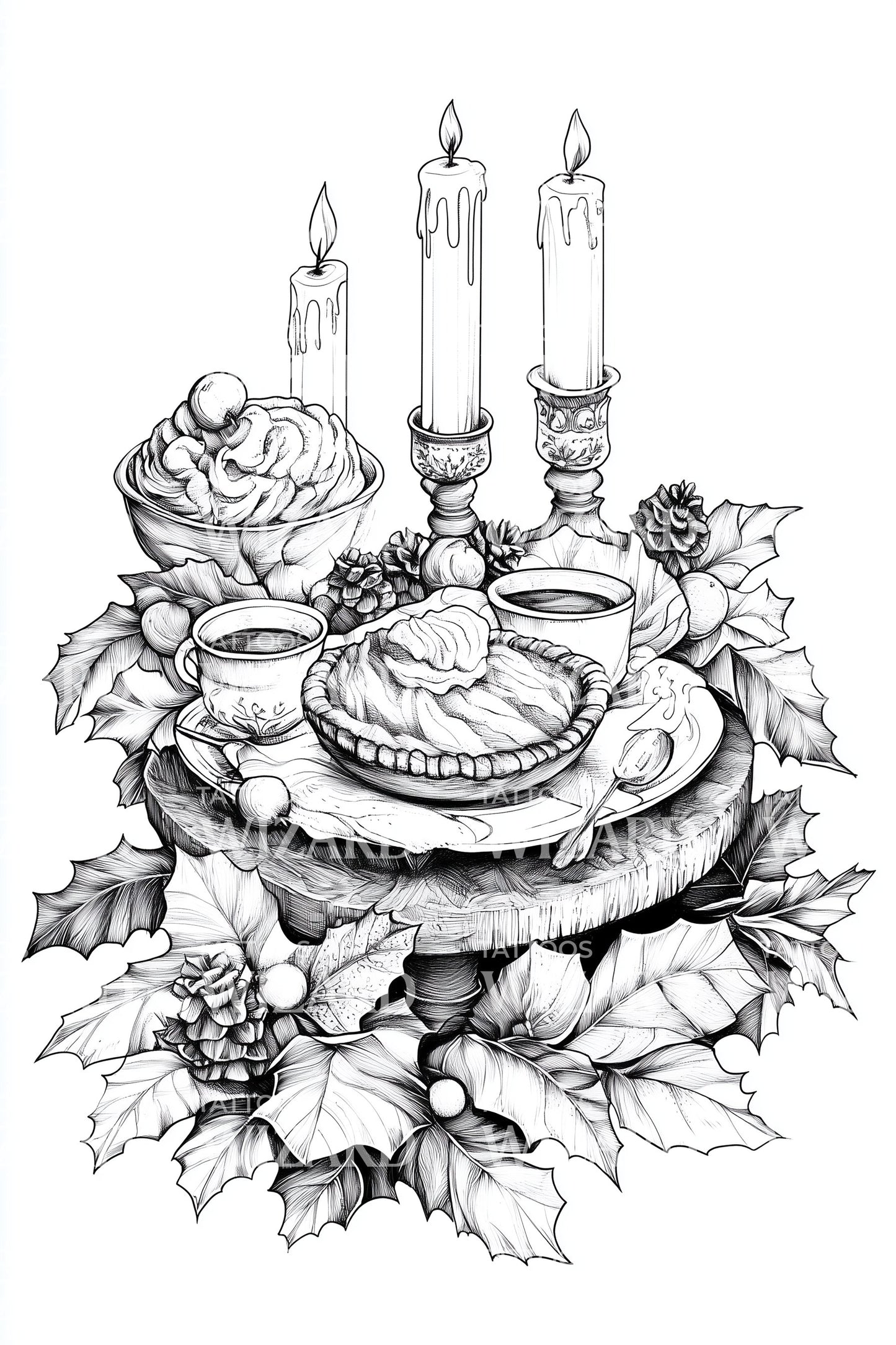 Festive Candlelit Tea Spread Tattoo Design