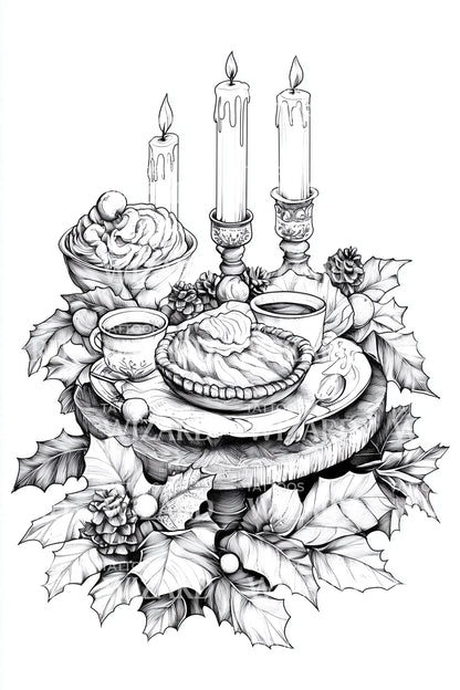 Festive Candlelit Tea Spread Tattoo Design