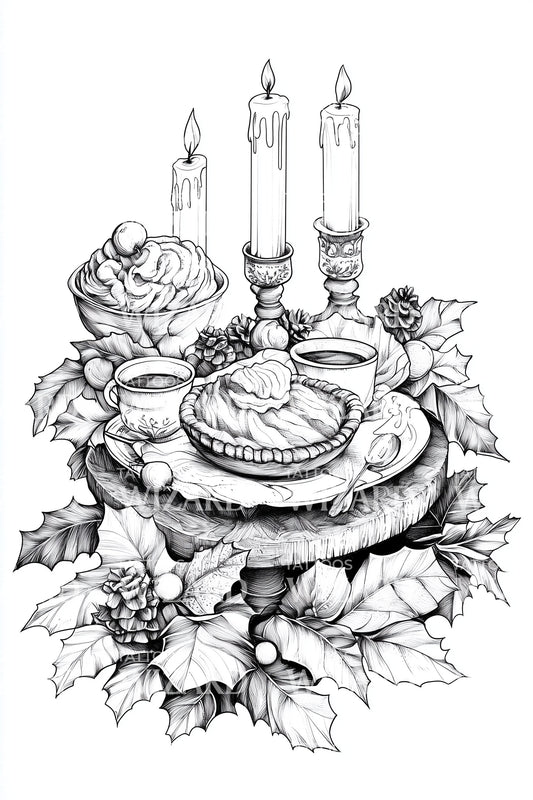 Festive Candlelit Tea Spread Tattoo Design