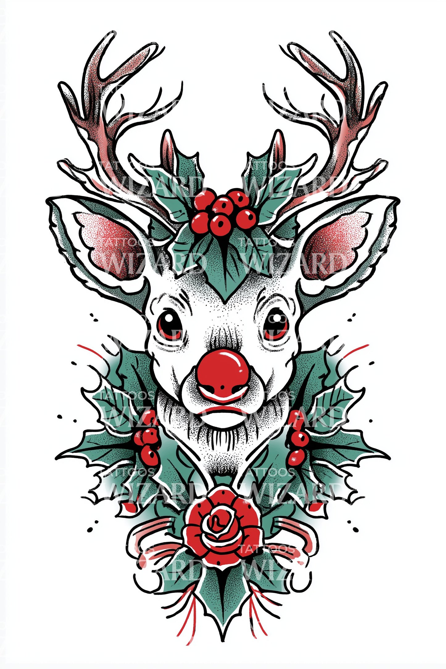 Festive Reindeer Face Tattoo Design